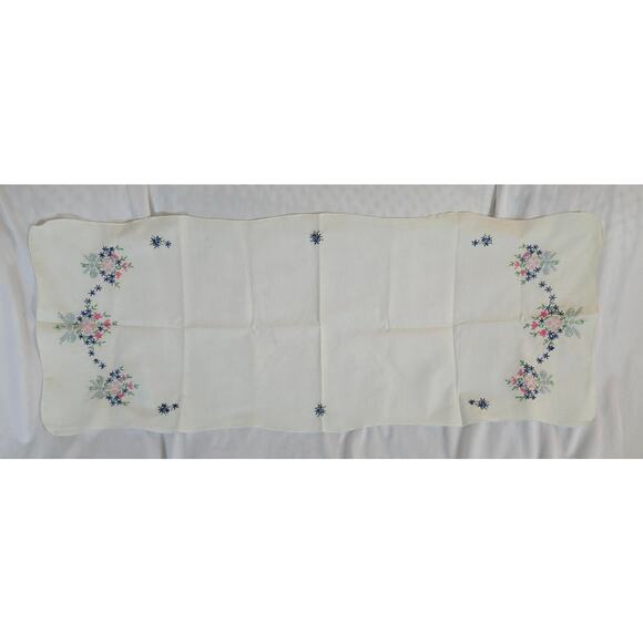 Vintage Embroidered Floral Design Table Runner 40" x 16" Blue Green Pink White - Picture 1 of 13